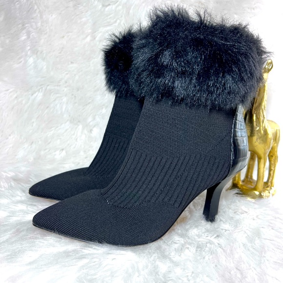 ADRIENNE VITTADINI Women’s Nano Faux Fur Trim Bootie Size 7 High Heel Black